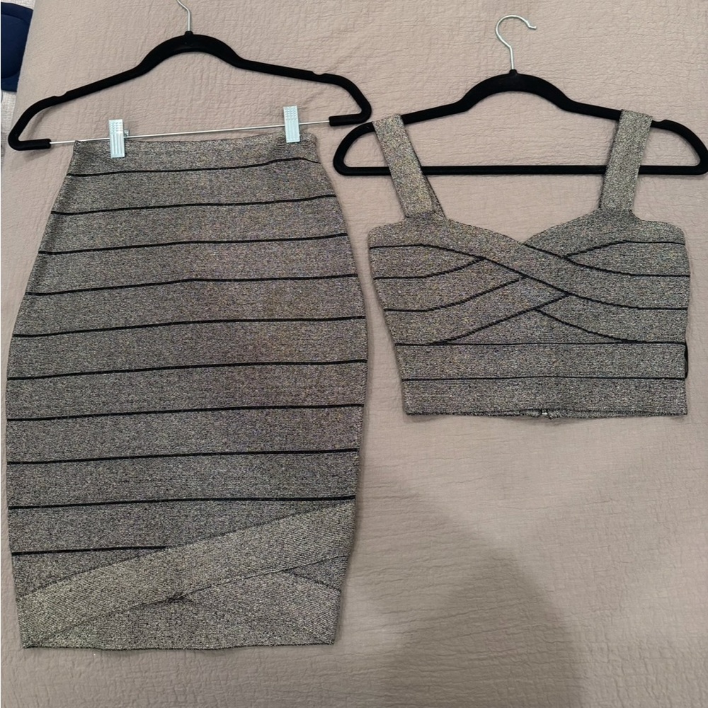 Silver Metallic Two-Piece Pencil Skirt and Crop Top Set